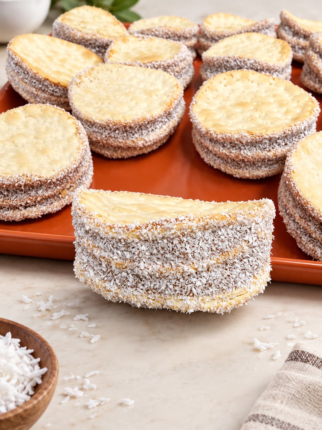 Alfajores de varias capas con manjar, con el borde cubierto de coco rallado