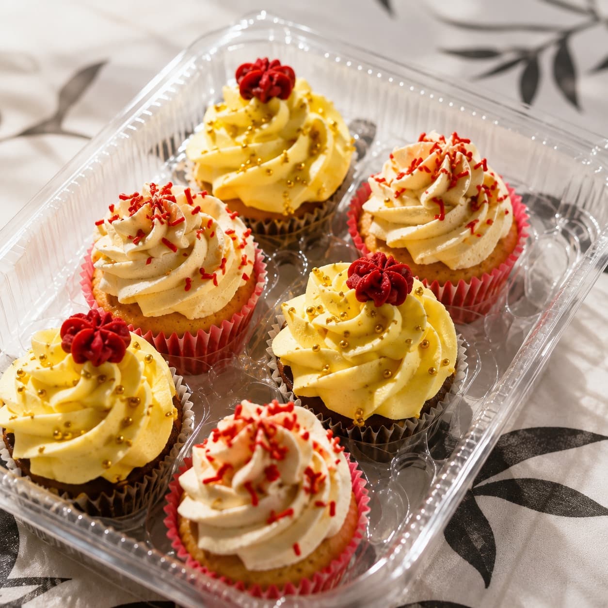 Seis cupcakes con crema amarilla, perlas doradas y flores de azúcar rojas, en envase transparente