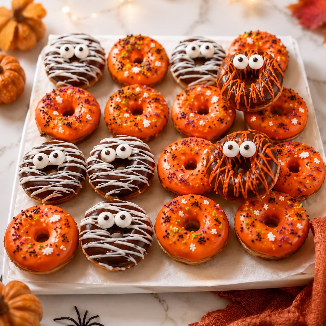 Bandeja de donas decoradas a tema: unas glaseadas en naranja con chispas y otras de chocolate con ojos de azúcar
