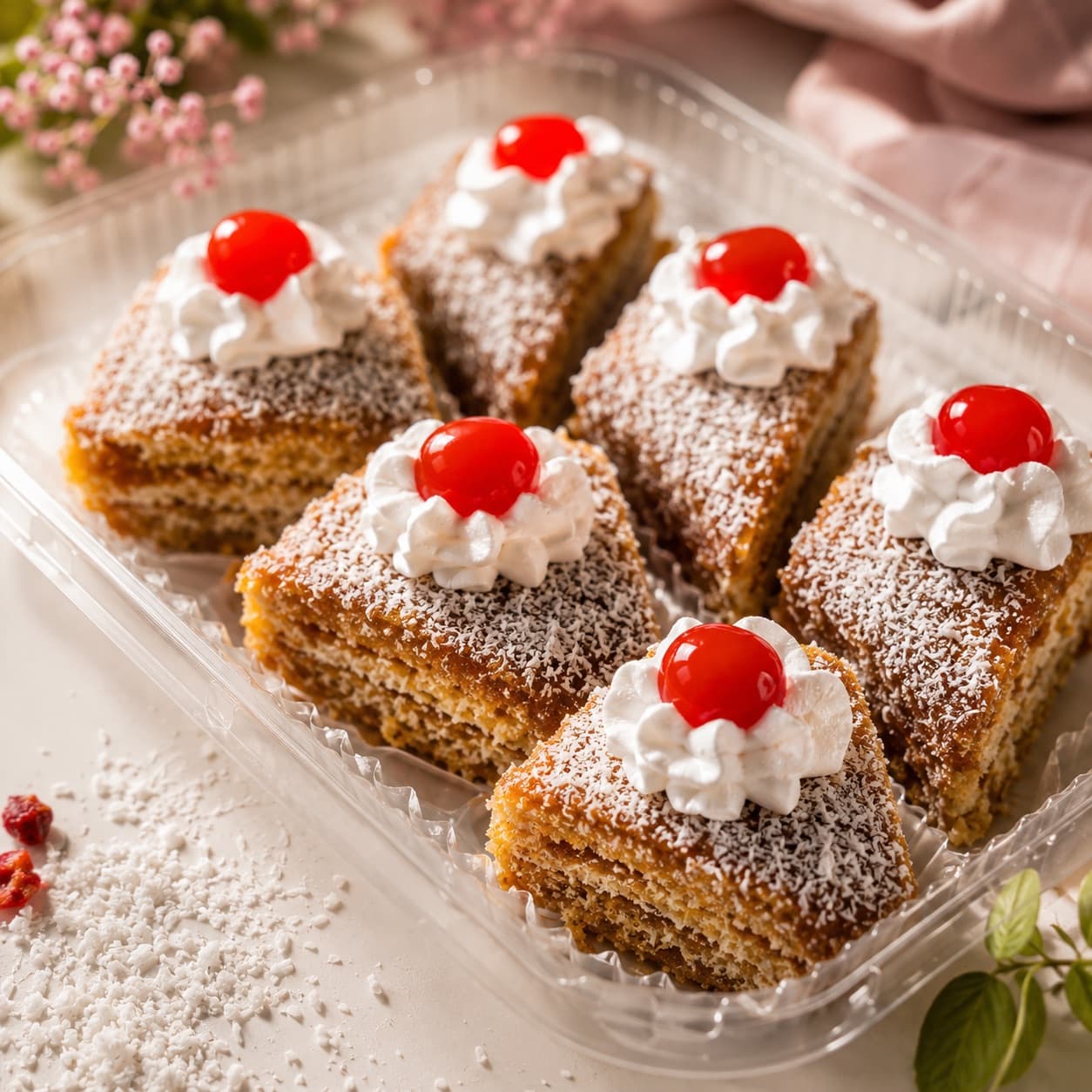 Pasteles individuales de mil hojas con coco rallado y una guinda con crema encima, en su envase